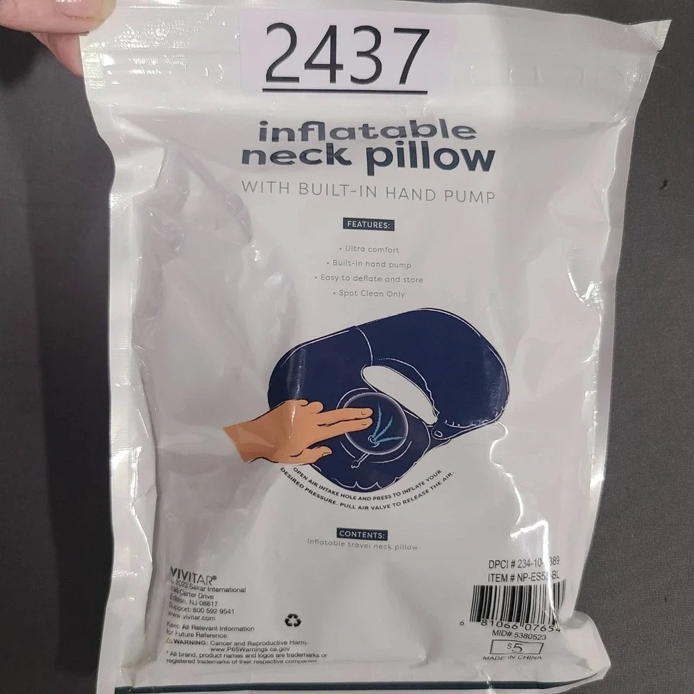 Blue Inflatable Neck Pillow Easy Travel Accessory New With Built In‎ Hand Pump